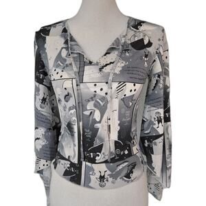 Y2K Club Soda Black White Comic Print Stretch Bell Sleeve Blouse Top Sz M